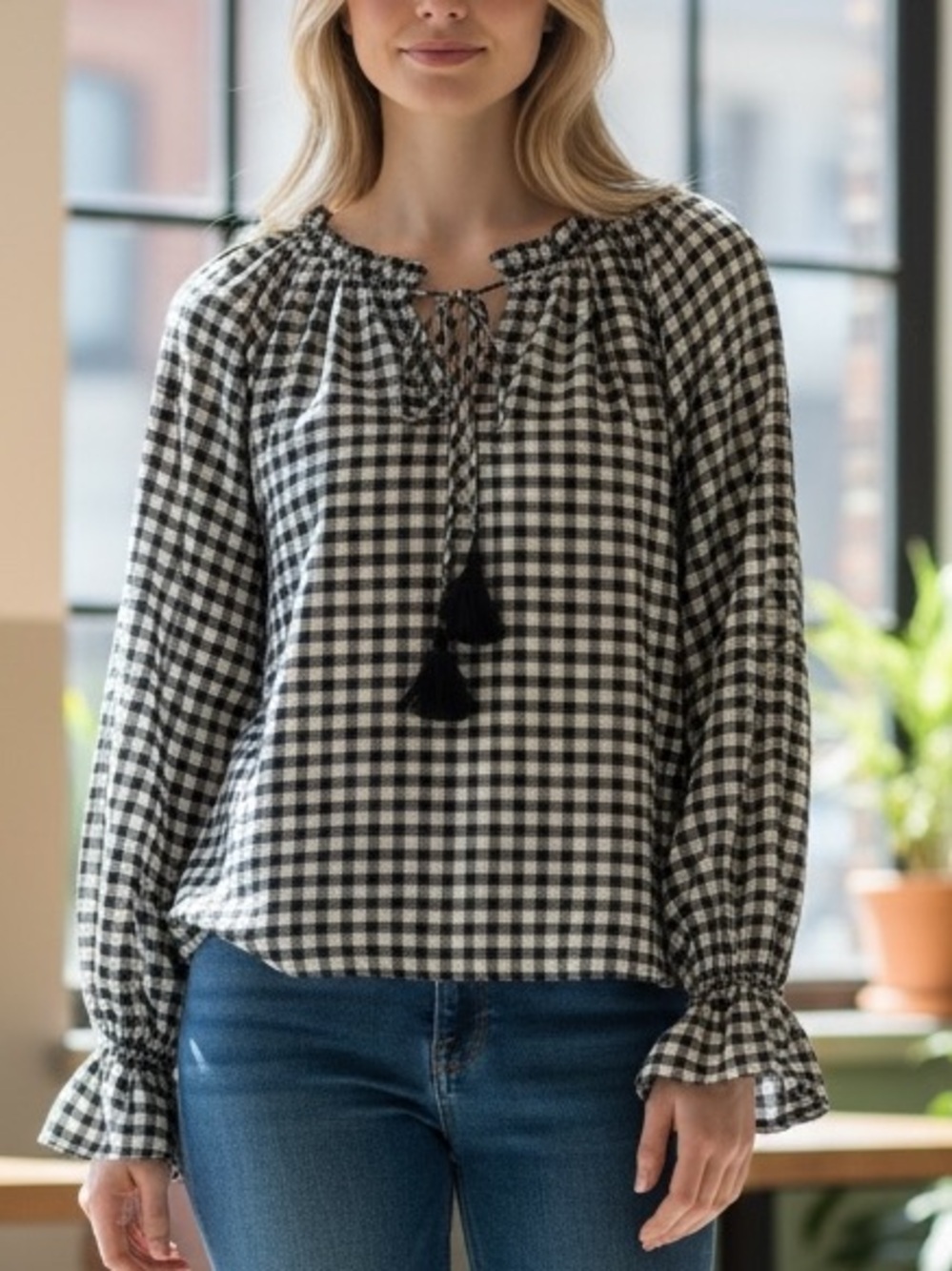 Maven West Black White Plaid Tassel Peasant Top Boho Blouse Small